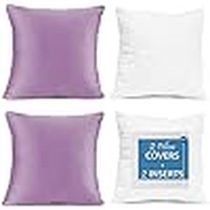 lot 2035 image: Throw Pillow Inserts Pack of 2 with Velvet Soft Solid Decorative Square Throw Pillow Covers Set for Sofa Couch Car Bedroom, 28X28 Throw Pillows Inserts with 26x26 Washable Cushion Covers, Lavender