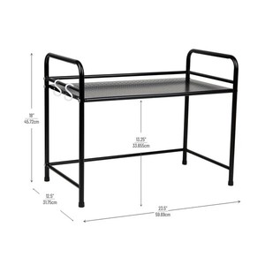 lot 2047 image: Mind Reader Elevate Collection, Microwave Oven Rack, Utility Shelf for Utensils, Cook Books, Towels, Pot Holders and Accessories, 2 Hooks, Metal, 23.5L x 12.5W x 18H, Black