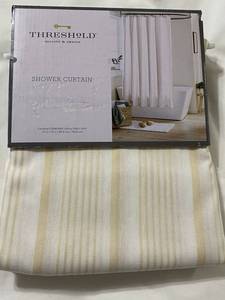 lot 2049 image: Threshold Tan Variegated Stripe Fabric Shower Curtain 72x72