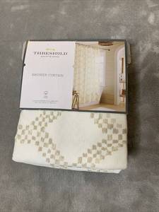 lot 2050 image: Threshold Neutral Grid Shower Curtain Beige 72 x 72 100% Cotton New