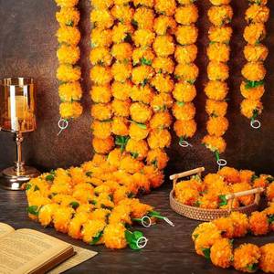 lot 5217 image: 50 Pcs 5 Feet Marigold Garland with Green Leaves Orange Artificial Marigold Flowers Garland Housewarming Decorations Indian Wedding Decor Floral Door Hanging for Backdrop Home
