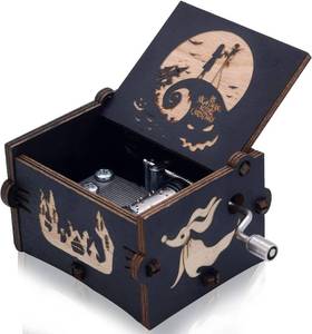 lot 5220 image: Nightmare Before Christmas Wooden Engraved Hand-cranked Musical Box, Playing Melody This is Halloween Music Box for Halloween Christmas Thanksgiving Black (Black)
