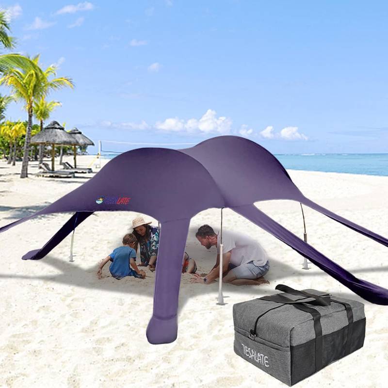 TESALATE 10x10 ft Family Large Pop Up Beach Tent Shade Canopy Sun Shelter Big Portable Shelters Waterproof Windproof UPF50 UV Protection Tents with 4 Aluminum Poles 6 Anchors Tarp Navy BRIGHT