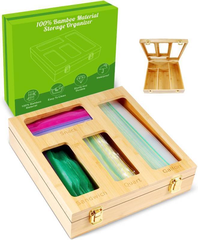lot 6280 image: Ziplock Bag Organizer 100% Bamboo Organizer Plastic Food Storage Bags Holder Dispenser Kitchen Wrap Dock Baggie Container Organizer for Gallon Snack Sandwich Quart Zip Lock Bags