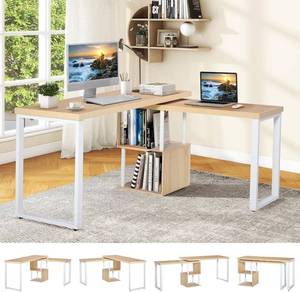 lot 6248 image: HOMCOM 55 360 Degree Rotating Corner L-Shaped Computer Desk with Storage Shelves, Home Office Study Writing Workstation Modern Space-Saving Design, Oak  White