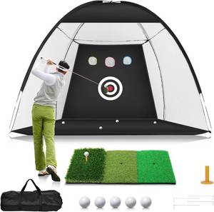 lot 6245 image: Golf Practice Net with Tri-Turf Golf Mat, All in 1 Home Golf Hitting Aid Nets for Backyard Driving Chipping Swing Training with TargetMatBallsTeeBag - Gift for MenGolf Lovers