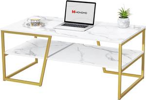 lot 6249 image: WOHOMO Coffee Table, Modern White Coffee Table, Faux Marble Top Rectangular Coffee Table with Abstract T Diagonal Legs,2 Tier Industrial Coffee Table for Living Room