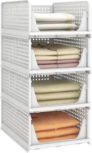 lot 6252 image: Pinkpum 4 Pack Stackable Plastic Storage Basket, Foldable Closet Organizers and Storage Bins Drawer Shelf Storage Container for Wardrobe Kitchen Bathroom Office Dorm, White