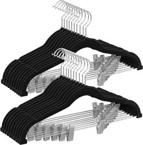 lot 6255 image: SONGMICS 20-Pack Pants Hangers, 16.7-Inch Long Velvet Hangers with Adjustable Clips, Heavy-Duty, Non-Slip Skirt Hangers, Space-Saving for Pants, Skirts, Coats, Dresses, Black UCRF012B20