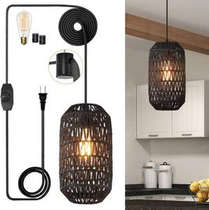 lot 6259 image: Plug in Pendant Light Rattan Hanging Lights with Plug in Cord 15ft Dimmable Cotton Cord Wicker Boho Hanging Lamps for Kitchen Island Living Room Bedroom Black Light Fixtures (Black-B)