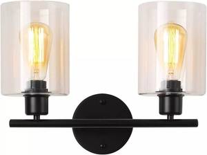 lot 6265 image: Black 2-Light Bathroom Vanity Wall Lighting Sconce w Clear Shade