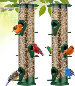 lot 6273 image: 2 Pack, 14 Inches Tube Bird Feeders for Outdoors Hanging, 6 Feeding Ports, Hard Plastic Bird Feeder Outdoor Weatherproof & Steel Hanger, Wild Bird Feeders, Finch Feeder, Outside Hanging