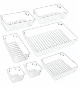 lot 6275 image: Puroma 7 Pcs Drawer Organizers 4-Size Desk Drawer Dividers Plastic Storage Bins Trays, Clear HK171