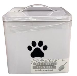 lot 6278 image: Metal Dog Treat Pet Food Container with Scoop, White