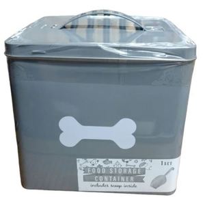 lot 6279 image: Metal Dog Treat Pet Food Container with Scoop, Grey