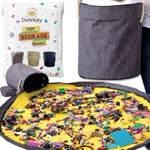 lot 311 image: Toy Storage Basket and Play Mat for Building Bricks - Collapsible Canvas Organizer Bag with Drawstring - For Kids