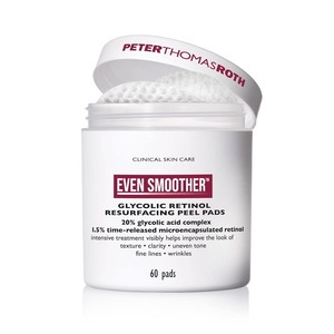 lot 314 image: RETAIL $52.00  Peter Thomas Roth  Even Smoother Glycolic Retinol Resurfacing Peel Pads  Glycolic Acid Facial Peel with Retinol for Uneven Texture and Tone, 60 ct.
