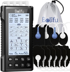 lot 336 image: Belifu 4 Independent Channel TENS EMS Unit, 24 Modes,30 Level Intensity Muscle Stimulator Machine, Rechargeable Electric Pulse Massager with 10 Pads&5 Set Leads Wires, for Pain Relief Therapy(Black)
