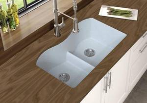 lot 202 image: RETAIL PRICE $319.98 Winpro White Granite Quartz 33 x 22 x 10, 5050 Double Bowl Undermount Sink with Aqua Divide