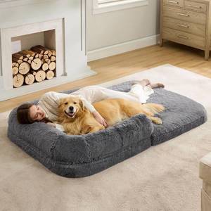 lot 225 image: Foldable Human Dog Bed for People Adults, 2 in 1 Calming Human Size Giant Dog Bed Fits Pet Families with Egg Foam Supportive Mat and Waterproof Liner, Faux Fur Orthopedic Dog Sofa, Dark Grey