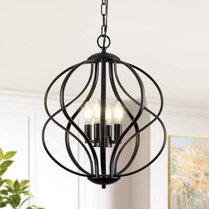 lot 6704 image: $119.99 RETAIL PRICE Modern Black Chandelier for Dining Room, 4 Lights Geometric Chandeliers, Sphere Chandelier Industrial Large Pendant Light Fixtures Hanging for Kitchen, Entryway, Foyer, Stairs