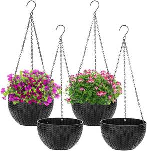 lot 6719 image: Foraineam 4 Pack Black Hanging Planters, 8.2 inch Hanging Flower Basket Planter Pots, Garden Plant Pot Container, Balcony Patio Hanging Basket Planters with Drainage Hole for Indoor and Outdoor Use