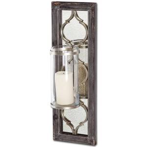lot 10099 image: Umminal Antiqued Silver Wood Frame w Glass & Metal Wall Candle Holder - 8W x 5D x 24.5H