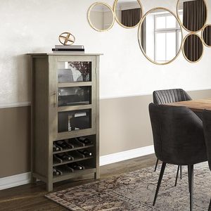 lot 10108 image: SIMPLIHOME Avalon 12-Bottle SOLID WOOD 23 Inch Wide Contemporary High Storage Wine Rack Cabinet in Distressed Grey, For the Living Room, Dining Room and Kitchen