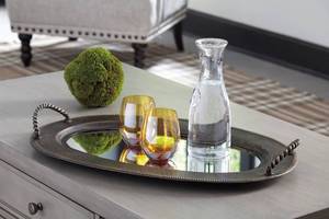 lot 10122 image: Ashley, Milena Antique-Gold Metal & Mirrored Accent Tray  27.5 Wide  17 Deep  3 High, Heirloom-Inspired Serving Tray with Antiqued Gold Finish