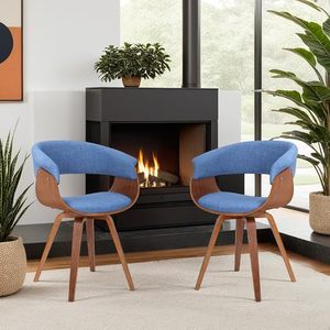 lot 10123 image: Set of 2 Armen Living Summer Mid-Century Chair in Blue Fabric with Walnut Wood Finish