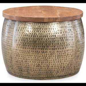 lot 10139 image: Industrial Drum End Table with Lift-Top Storage
