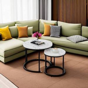 lot 10140 image: CorLiving, Fort Worth Round Nesting Coffee Tables  29 Round  18.25 H (Large)  23.25 Round  15.25 H (Small), White MarbleEffect Engineered Wood Tops with Black PowderCoated Steel Legs
