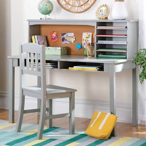 lot 10146 image: Guidecraft Kids Media Desk and Chair Set - Gray Kids Desk and Chair Set, Study Table for Kids with Hutch and Shelf, Wood Bedroom Furniture Set