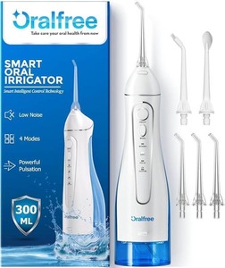 lot 448 image: Oralfree Water Dental Flosser Cordless for Teeth Cleaning - 4 Modes Oral Irrigator 300ML Braces Flossers Cleaner, Rechargeable Portable IPX7 Waterproof Powerful Battery for Travel Home