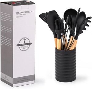 lot 1819 image: KSENDALO 12-Piece Small Silicone Kitchen Utensils Set with Holder, Black Cooking Tools with Wooden Handle, Heat Resistant Cooking Utensils for Kitchen Cooking Baking