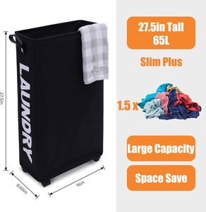 lot 1822 image: Caroeas X-Large Slim Laundry Basket 27.5 Tall with Leather Handle (Black), Laundry Basket on Wheels, Collapsible Laundry Hamper, Rolling Hamper Dorm Baskets