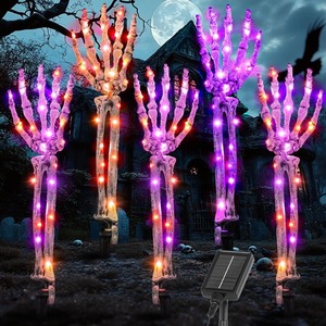 lot 1835 image: 5-Pack Halloween Decorations Outdoor, Solar Lighted Skeleton Arm Stakes Waterproof with 150 LEDs, 11 Lighting Modes, Scary LED Bone Hands for Halloween Ornaments, Purple