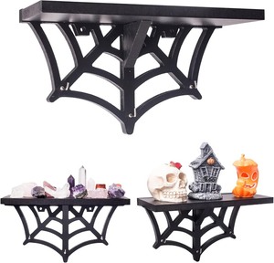 lot 1837 image: Spider Web Floating Shelf - Gothic Halloween Hanging Shelf with Hooks for Wall Oddities and Curiosities - Black Spooky Goth Wall Decor for Kitchen and Home - Crystal Display Shelf for Stones (1 Shelf)