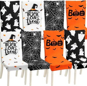 lot 1840 image: Preboun 8 Pcs 4 Styles Halloween Chair Cover Halloween Dining Chair Slipcover Spooky Chair Back Covers Stretchable Washable Chair Protective Covers for Dining Room Kitchen Office Hotel Seat Decor