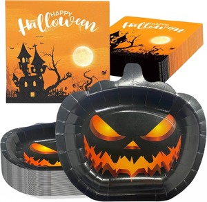 lot 1846 image: Halloween Pumpkin Plates Cups and Napkins Set, 150PCS Disposable Party Tableware, Paper Cups, Pumpkin Shaped Plates, Happy Halloween Napkins for Spooky Party, Haunted House, Trick or Treat Supplies