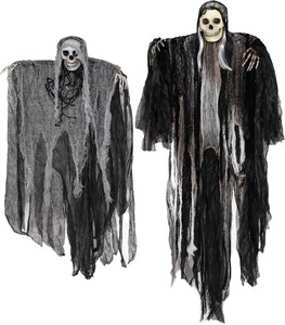 lot 1848 image: JOYIN 2 Pcs Halloween Hanging Grim Reaper Decorations Outdoor, 53 and 31.5 Halloween Hanging Skeleton Ghosts Scary Decor for Yard Patio Outside Lawn Garden, Haunted House Prop, Party Supplies
