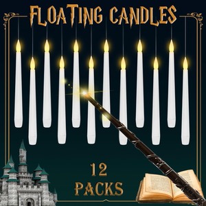 lot 1862 image: Spooky Magic Floating Candles with Wand Remote, Set of 12 Magic Flameless Candles Battery Operated, Flikering Hanging LED Taper Candlesticks Halloween Decorations, 0.51 x 6.7