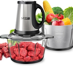 lot 1867 image: SPZTJK Food Processor, 3-Speed Electric Food Chopper with Vegetable Chopper & Meat Grinder - 2 Bowls (8 Cup Stainless Steel8 Cup Glass), 300W, 2 Sets of 4 Bi-Level Blades for VegetableFruitsMeat