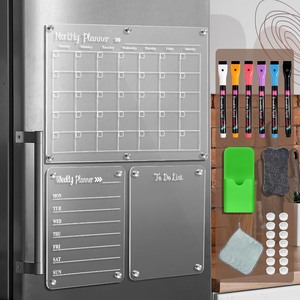 lot 1875 image: Acrylic Magnetic Dry Erase Board for FridgeSet of 3 Transparent Planning Boards for Monthly Calendar, Weekly Includes 6 Dry Erase Markers, 1 Eraser and Magnetic Pen Holder