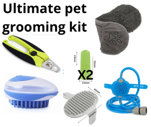 lot 1886 image: Complete Pet Grooming Kit for Cats or Dogs - Bathing Supplies, Nail Trimmer, Finger Toothbrushes and More