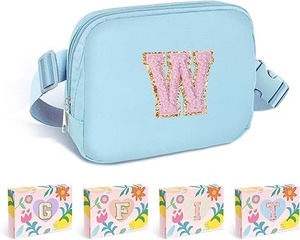 lot 8858 image: Personalized Blue Fanny Pack for Girls  Custom Letter W Crossbody Belt Bag