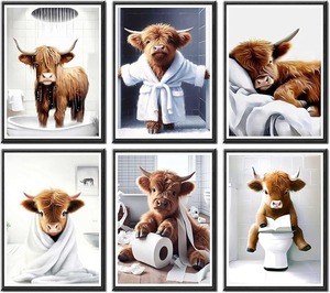 lot 8875 image: 6Pcs Highland Cow in Bathtub Wall Art  Vintage Brown Cattle Canvas Prints  Funny Farmhouse Bathroom Decor (Unframed, 8x10)