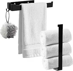 lot 8889 image: 2-Pack Black Hand Towel Holder  Stainless Steel Wall-Mounted Racks  Heavy-Duty Bathroom & Kitchen Towel Hanger Organizer