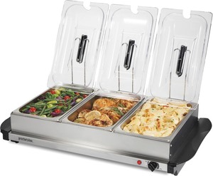 lot 2291 image: Proctor Silex Buffet Server & Food Warmer, Adjustable Heat, for Parties, Holidays and Entertaining, Three 2.5 Quart Oven-Safe Chafing Dish Set, Stainless Steel