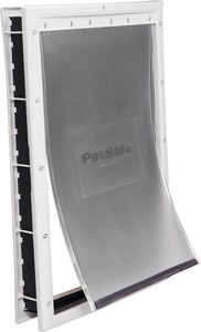 lot 2295 image: PetSafe Plastic Pet Door - Easy Install for Wood, PVC Metal & Paneled Doors - Rust-Free Plastic Frame - Flap Dimensions 13 34 W x 23 34 H - for Extra Large Dogs Weighing Up to 220 lb
